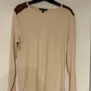 Lauren Ralph Lauren Cream Long Sleeve Top with Brown Quilted Shoulder Panels